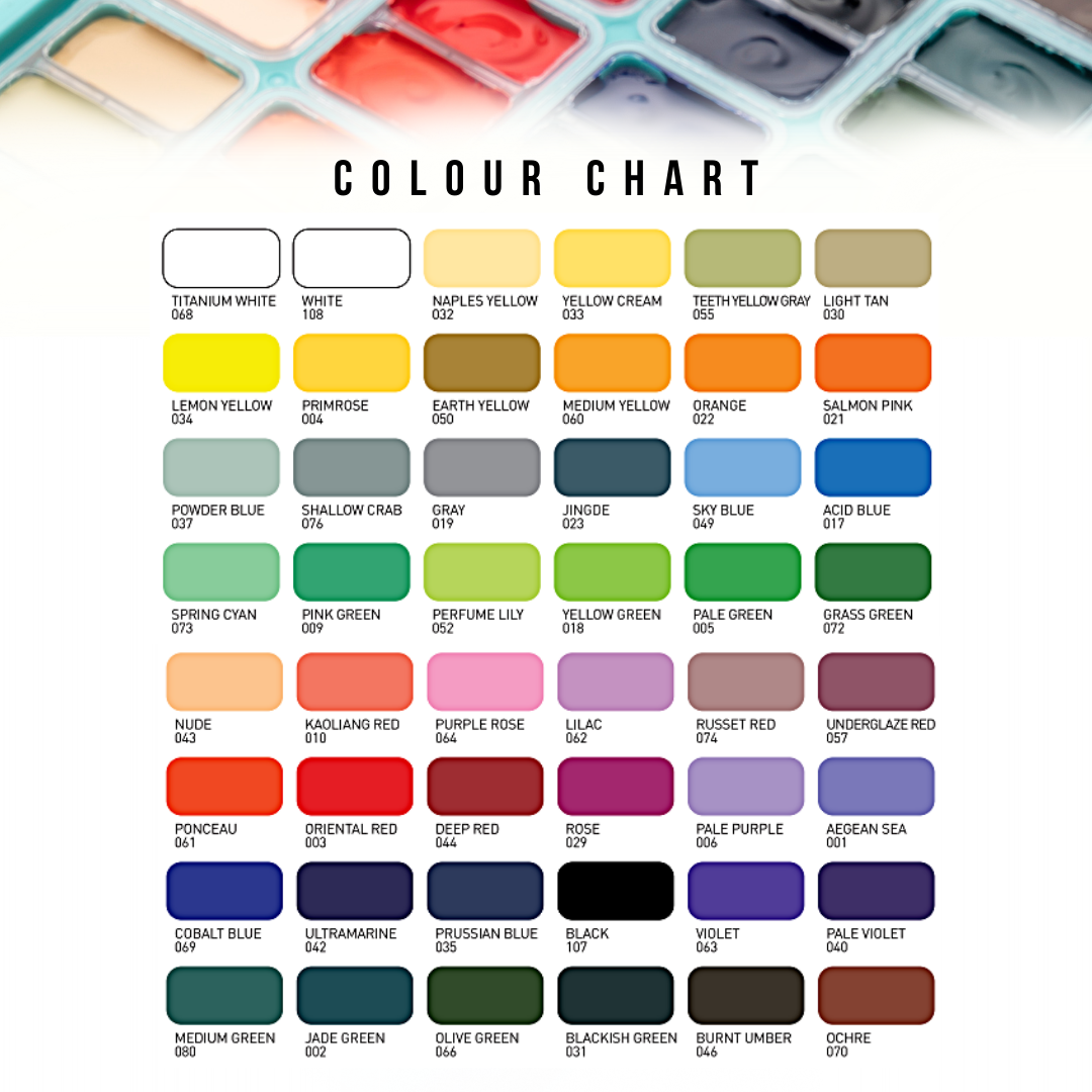 HIMI Twin Cup Jelly Gouache Paint Set, 12g x 48 Colours with or without brushes in green case colour chart