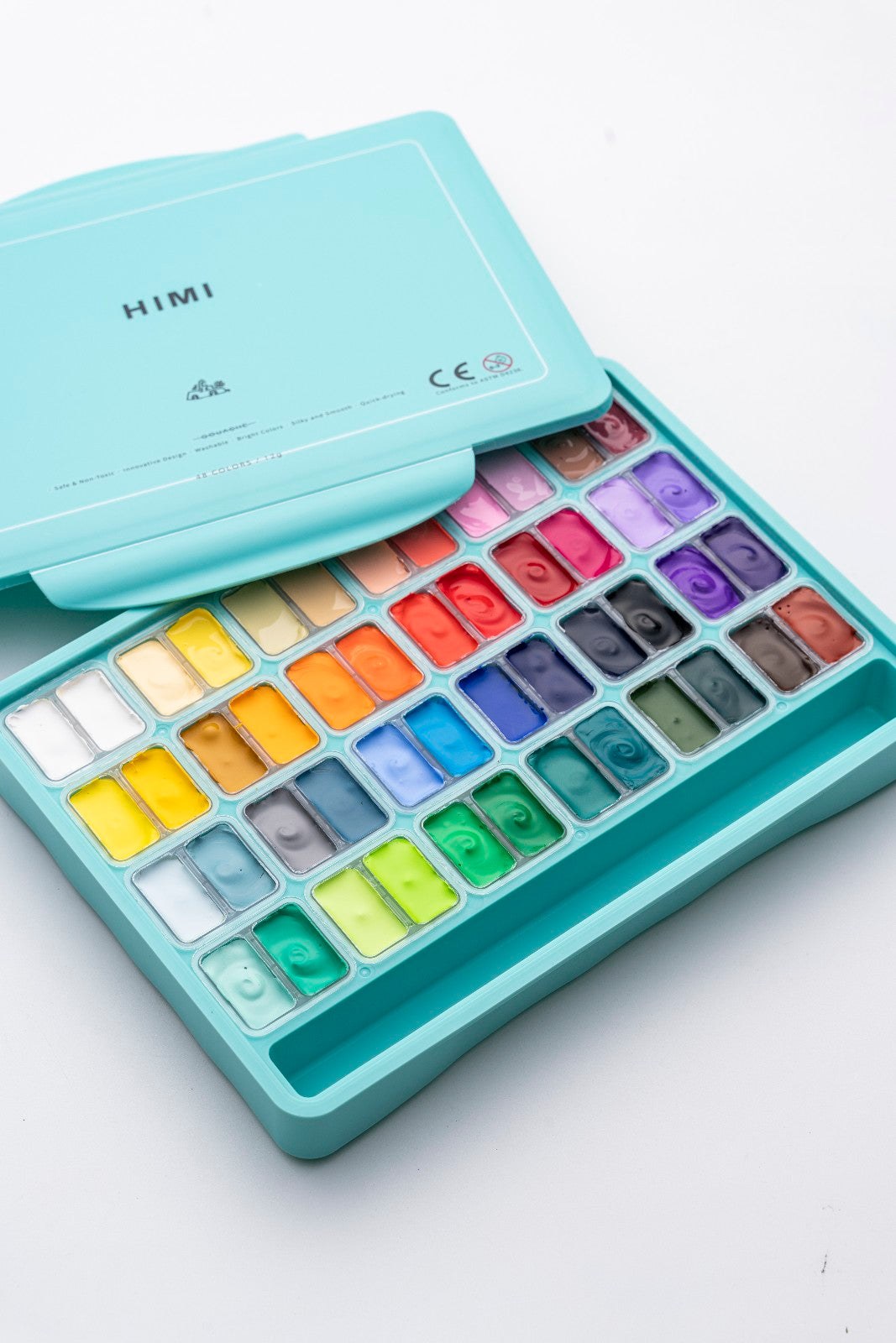 HIMI Twin Cup Jelly Gouache Paint Set, 12g x 48 Colours without brushes in green case opened