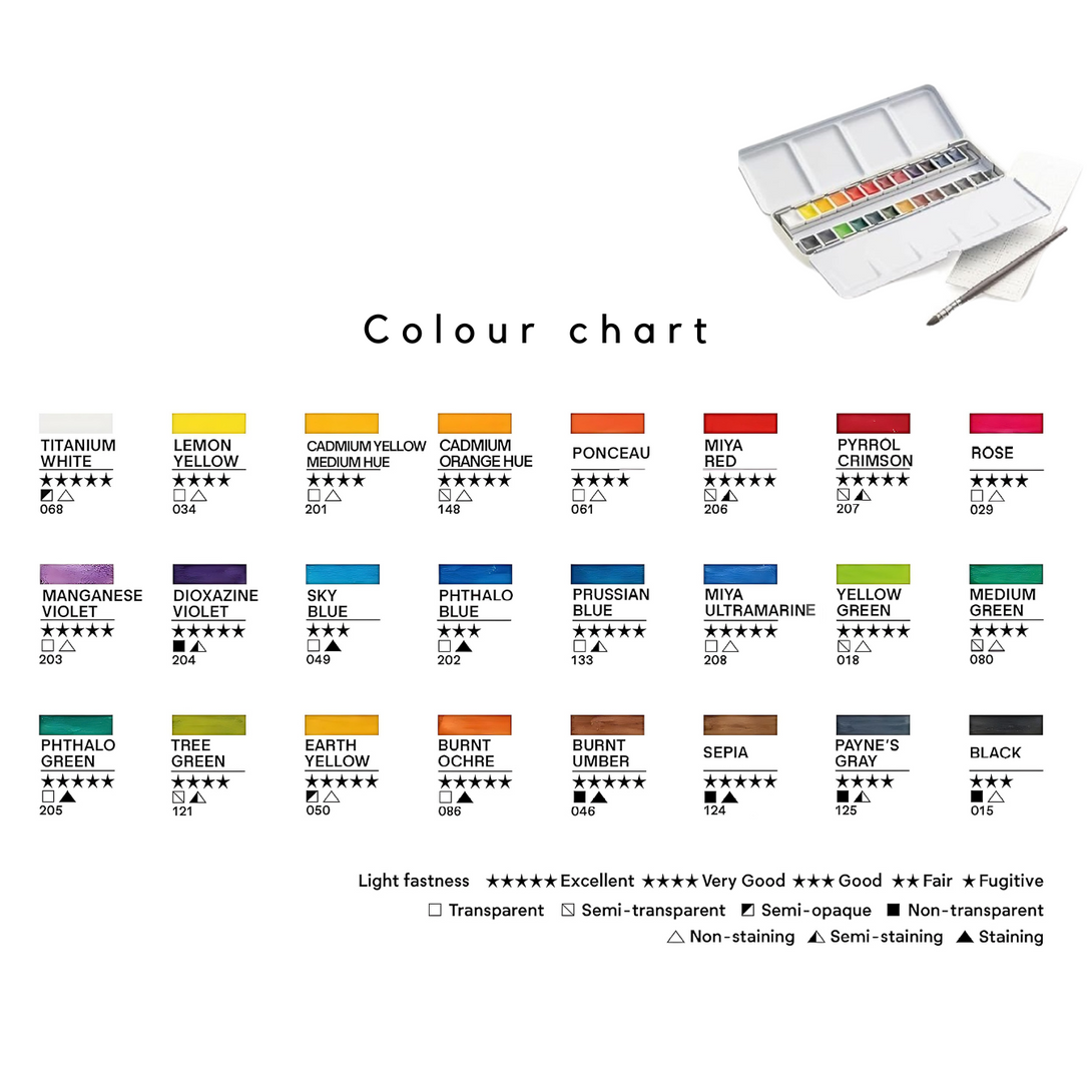 HIMI Watercolour Half Pan Set - 24 Colours with 1 Brush colour chart