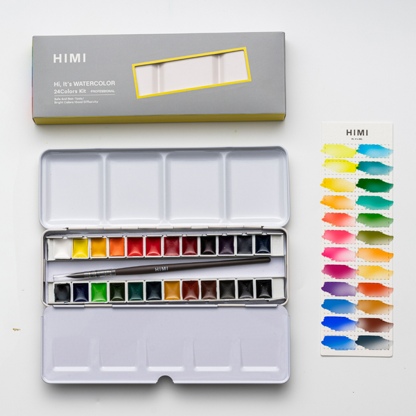 HIMI Watercolour Half Pan Set - 24 Colours with 1 Brush, perfect for vibrant watercolor painting.