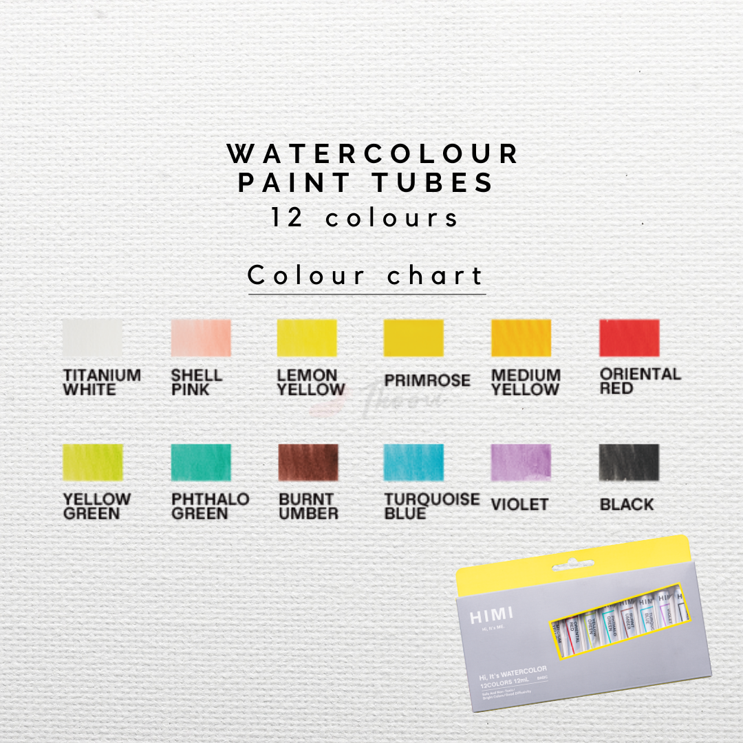 HIMI Watercolour Tube Set 12 ml, in 12 vibrant colours for watercolour painting colour chart