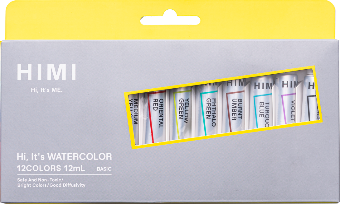 HIMI Watercolour Tubes Set 12 ml, in 12 vibrant colours for watercolour painting 