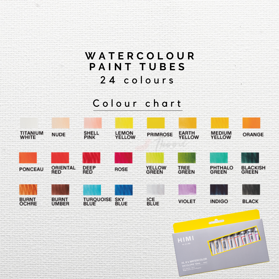 HIMI Watercolour Tube Set 12 ml, in 24 vibrant colours for watercolour painting colour chart