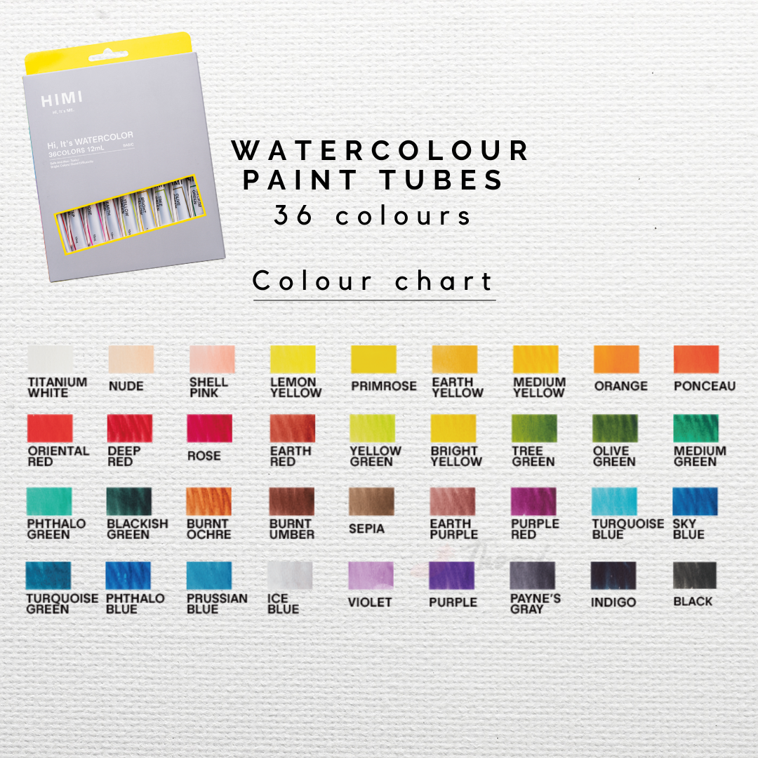 HIMI Watercolour Tube Set 12 ml, in 36vibrant colours for watercolour painting colour chart