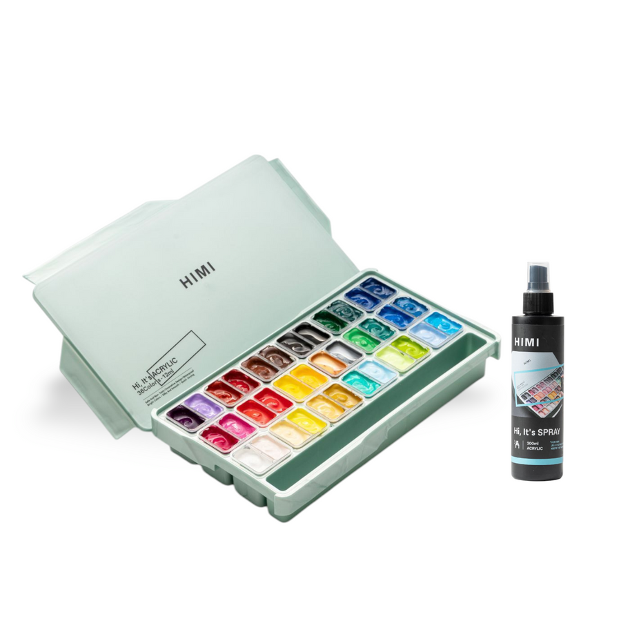 HIMI Acrylic Paint Twin Cup Set 12 G x 36 Colours with Acrylic Spray