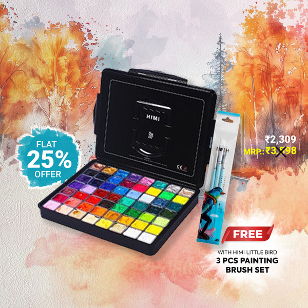 Combo Offer: HIMI Gouache Paint Set- 56 x 30 ML- Black case + 3 pcs brush set