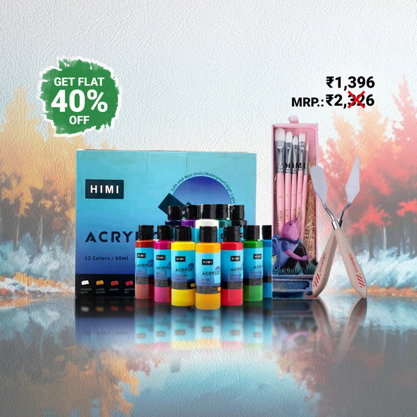 Combo Offer: HIMI Acrylic PAINT BOTTLE SET, 12 x 60 ML + 5 pcs HIMI Assorted brushes (Blue/Pink) + 2 Palette Knives