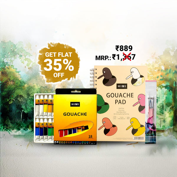 Combo offer: HIMI Gouache Tube set + 3 pcs Brush set + HIMI GOUACHE PAD, 7'X10', 160 GSM - Yellow/White cover