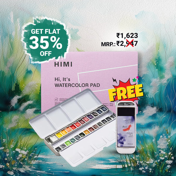 Combo offer: Buy Himi - Watercolour Half Pan Tin Set - 24 Colours + HIMI Watercolour pad at 35 % discount & get one Thoovi Full pan of your choice free