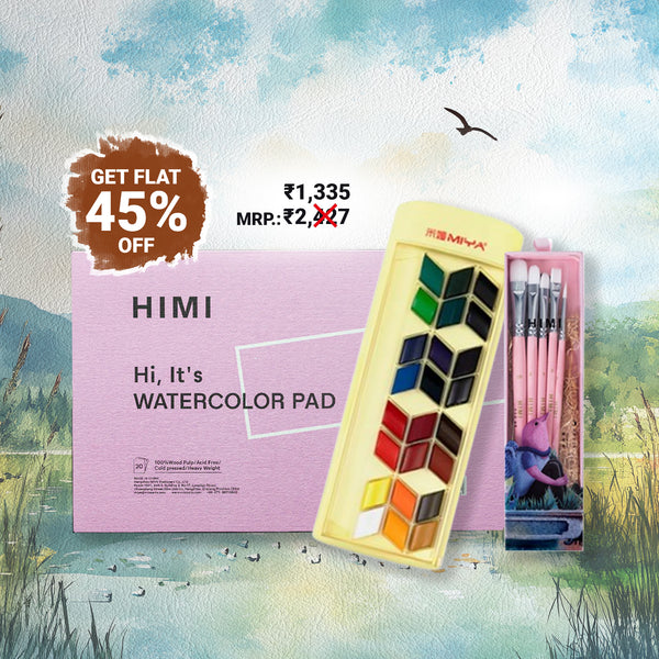 Combo Offer: HIMI Watercolour Rhombus Set- 24 + HIMI 5 pcs Round Brush set + HIMI Watercolour pad