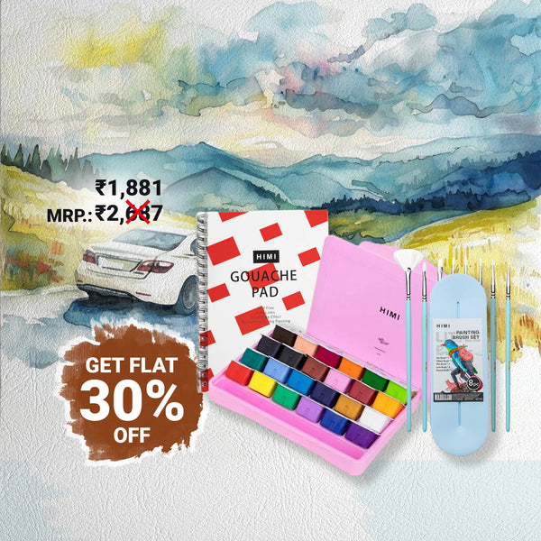 Combo Offer: HIMI Gouache 24 x 30 ML Jelly cup +HIMI  8 pcs MINI Brush set + HIMI Gouache pad