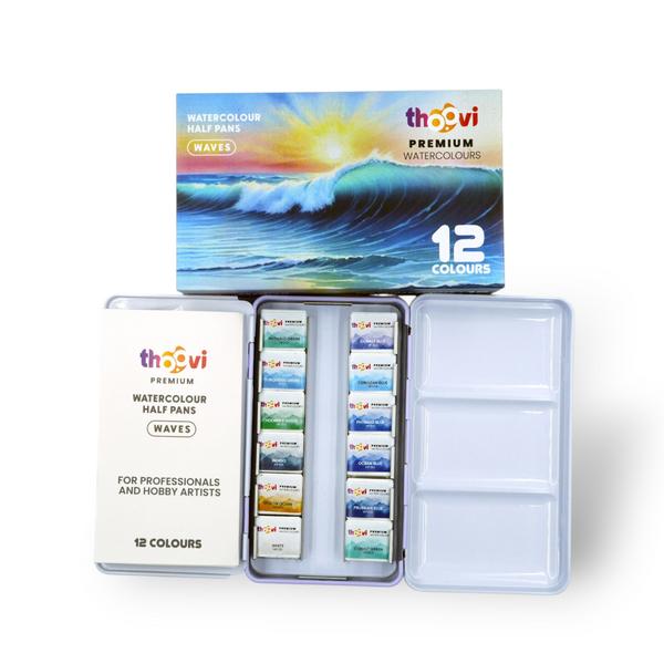 Thoovi - Premium Watercolours - 12 Colours - Half Pan Set - Waves