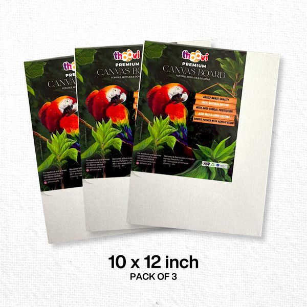Thoovi - Premium - White Canvas Board for Painting | Suitable for Acrylic Paints, Oil Paints & Gouache Paints - 10 x 12 inch  (Pack of 3)
