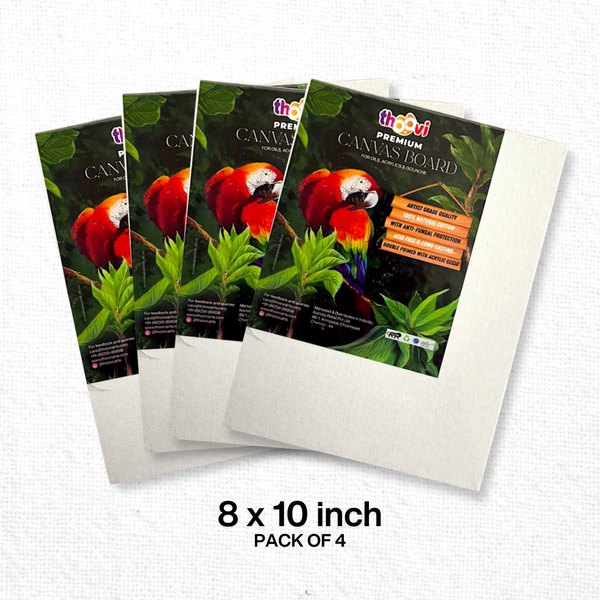 Thoovi - Premium - White Canvas Board for Painting | Suitable for Acrylic Paints, Oil Paints & Gouache Paints - 8 x 10 inch  (Pack of 4)