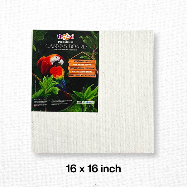 Thoovi - Premium - White Canvas Board for Painting | Suitable for Acrylic Paints, Oil Paints & Gouache Paints - 16 x 16 inch  (Single pc)