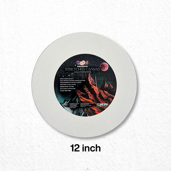 Thoovi - Premium - White Stretched Round Canvas for Painting | Suitable for Acrylic Paints, Oil Paints & Gouache Paints - 12 inch  (Single pc)