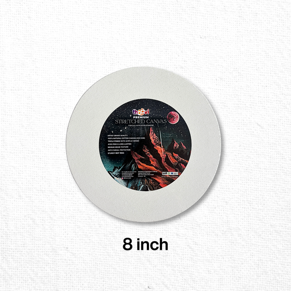 Thoovi - Premium - White Stretched Round Canvas for Painting | Suitable for Acrylic Paints, Oil Paints & Gouache Paints - 8 inch  (Single pc)